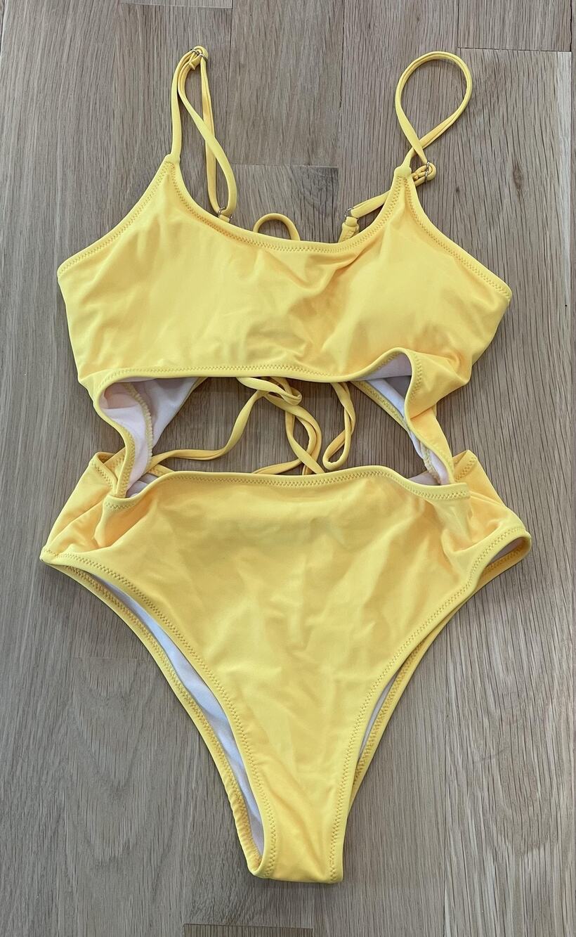 Yellow One Piece Swimsuit Womens M Nylon Cutout Lace-Up Back High Leg Suit